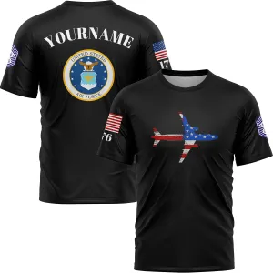 Custom Black Fighter 1776 American Flag U.S Air Force Military Rank Name T-Shirt