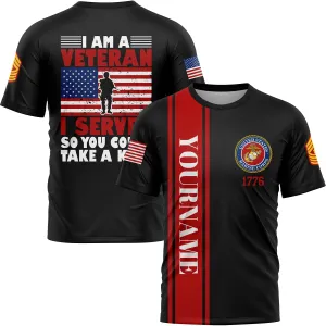 Custom Black I'M A Veteran I Served So You Could Take A Knee 1776 Flag Military Rank Name Veterans Day T-Shirt