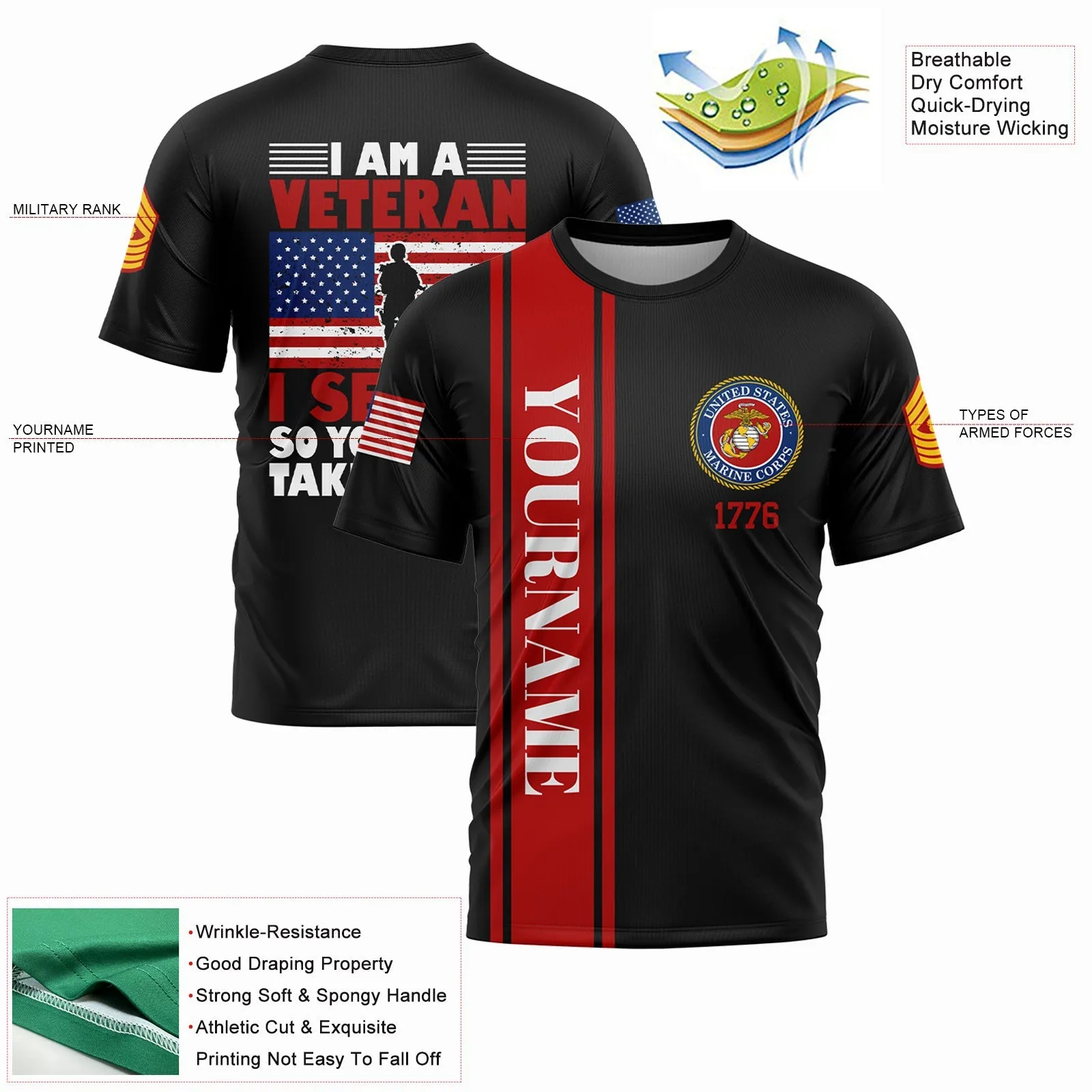 Custom Black I'M A Veteran I Served So You Could Take A Knee 1776 Flag Military Rank Name Veterans Day T-Shirt