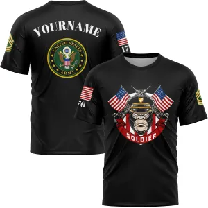 Custom Black Orangutan Soldier 1776 American Flag U.S Army Military Rank Name T-Shirt