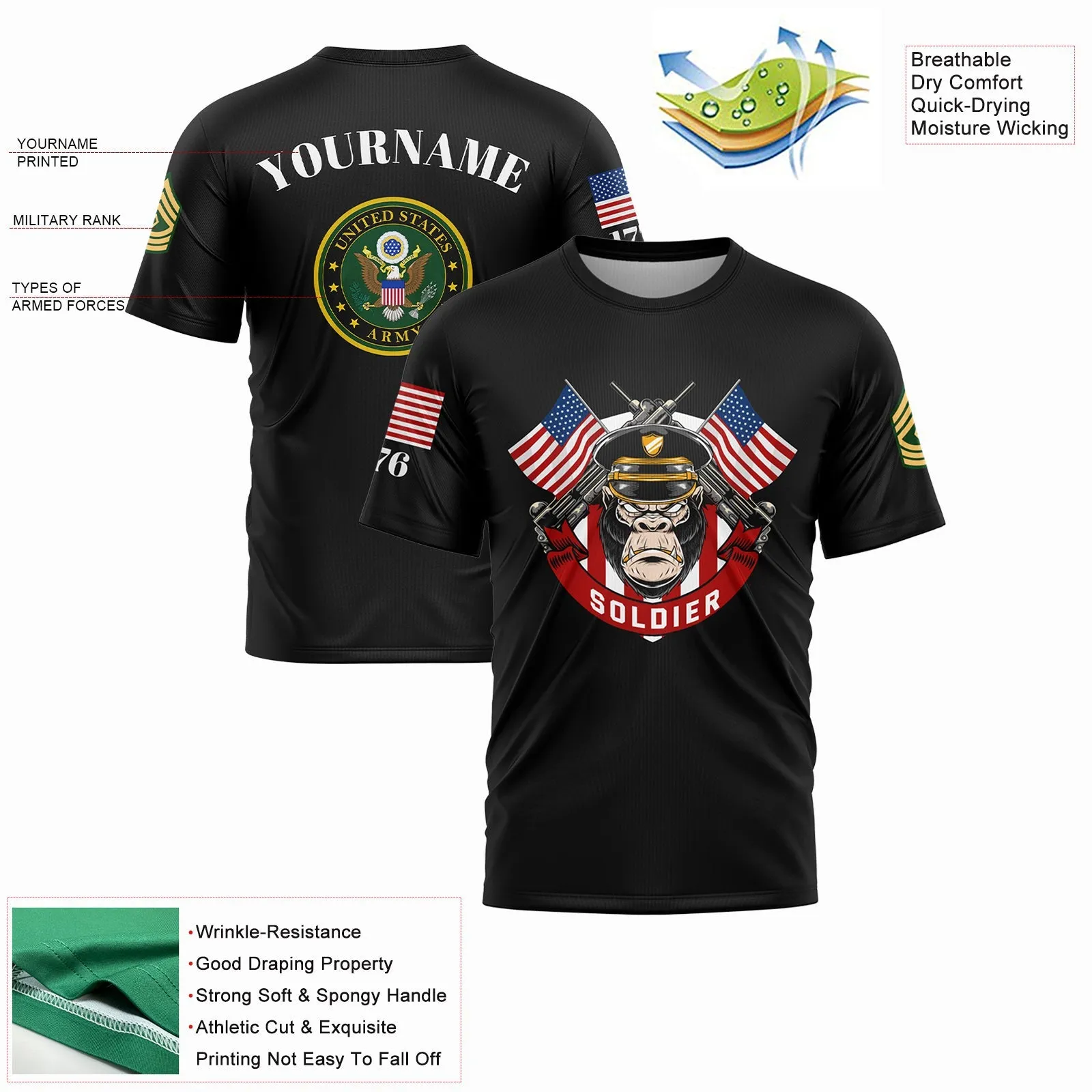 Custom Black Orangutan Soldier 1776 American Flag U.S Army Military Rank Name T-Shirt