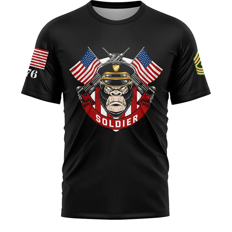 Custom Black Orangutan Soldier 1776 American Flag U.S Army Military Rank Name T-Shirt