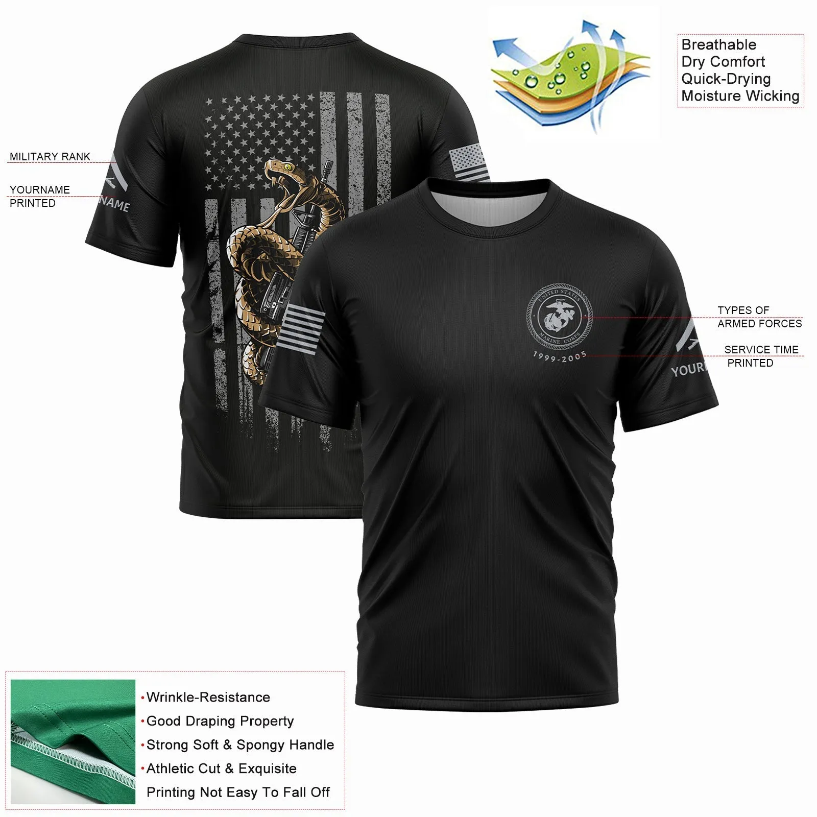 Custom Black Snake American Flag Military Rank Veteran Name Memorial Day T-Shirt