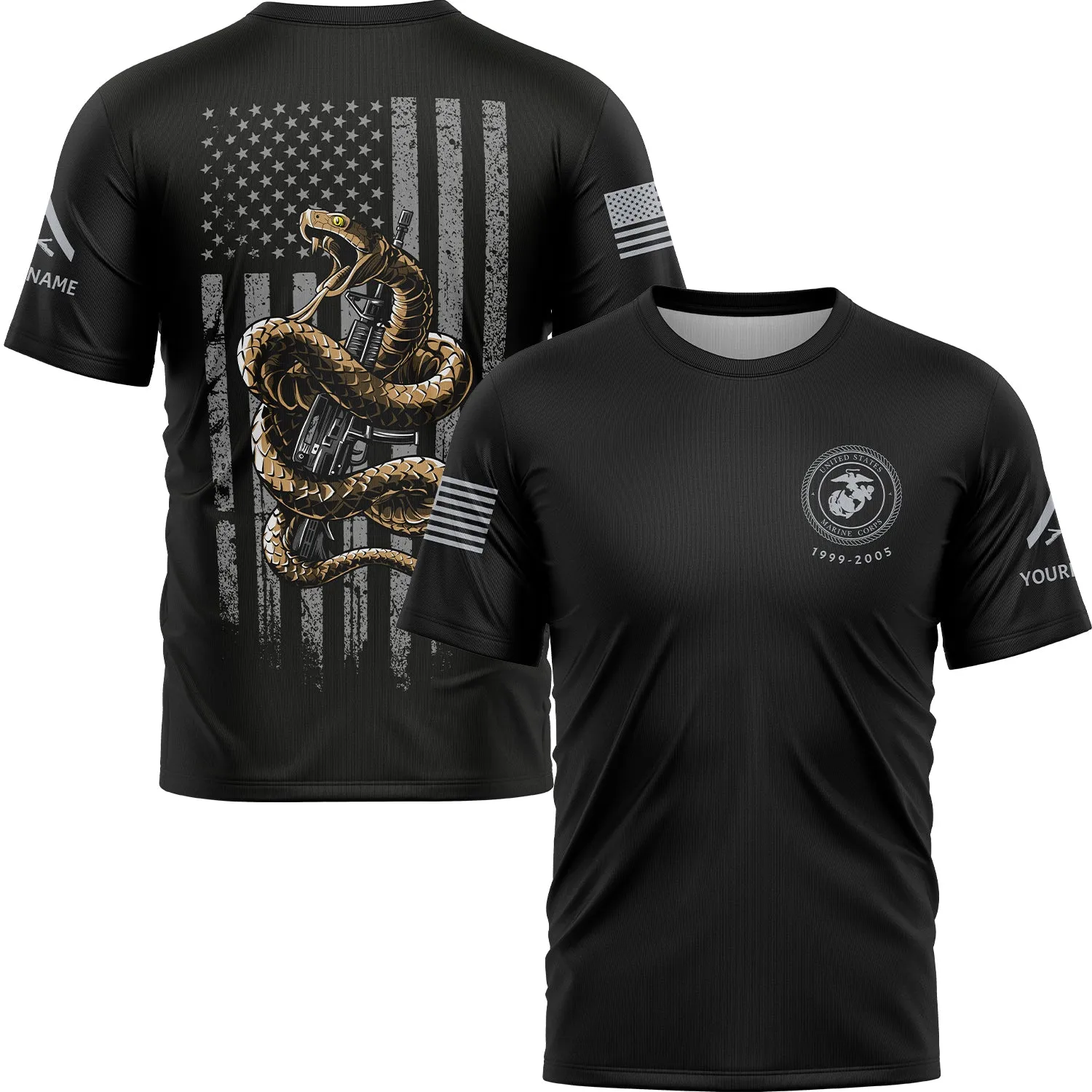 Custom Black Snake American Flag Military Rank Veteran Name Memorial Day T-Shirt