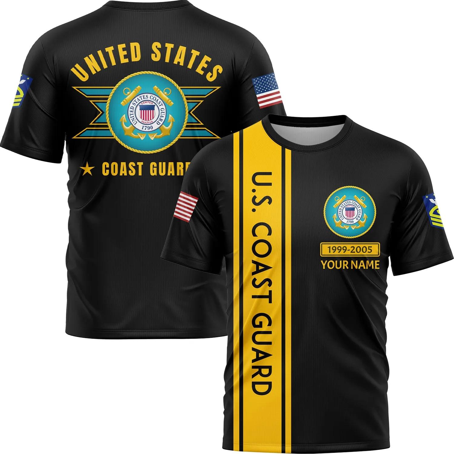 Custom Black U.S Coast Guard Military Rank Name T-Shirt