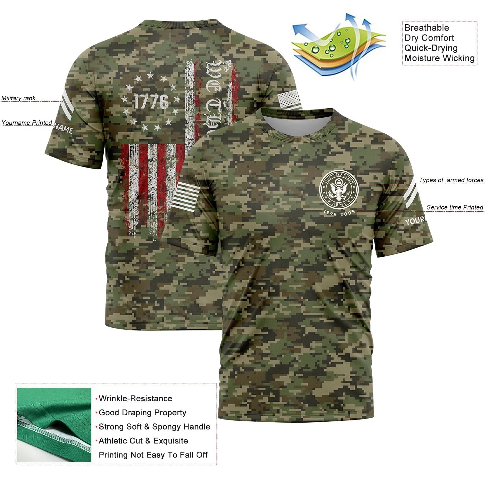 Custom Camo 1776 We The People Freedom American Flag U.S Army Military Rank Corporal Veteran Name T-Shirt | Father's Day Gifts