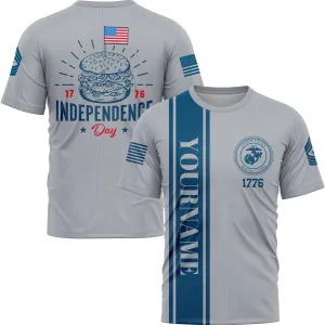 Custom Grey Hamburger American Flag Military Rank Name Independence Day T-Shirt