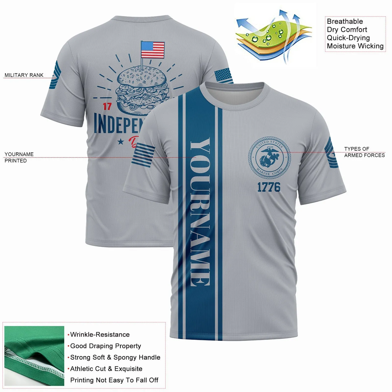 Custom Grey Hamburger American Flag Military Rank Name Independence Day T-Shirt
