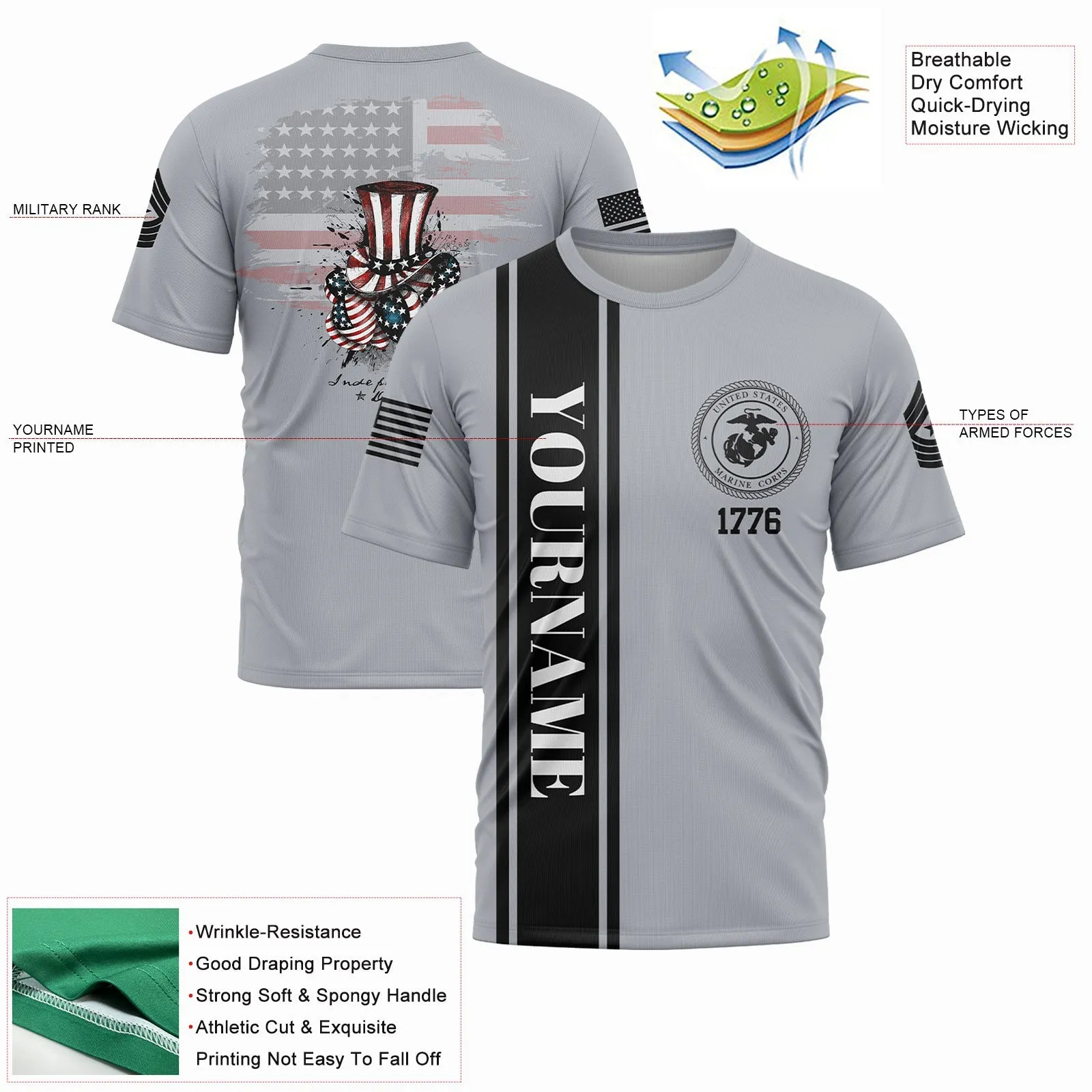 Custom Grey Magic Hat American Flag Military Rank Name Independence Day T-Shirt