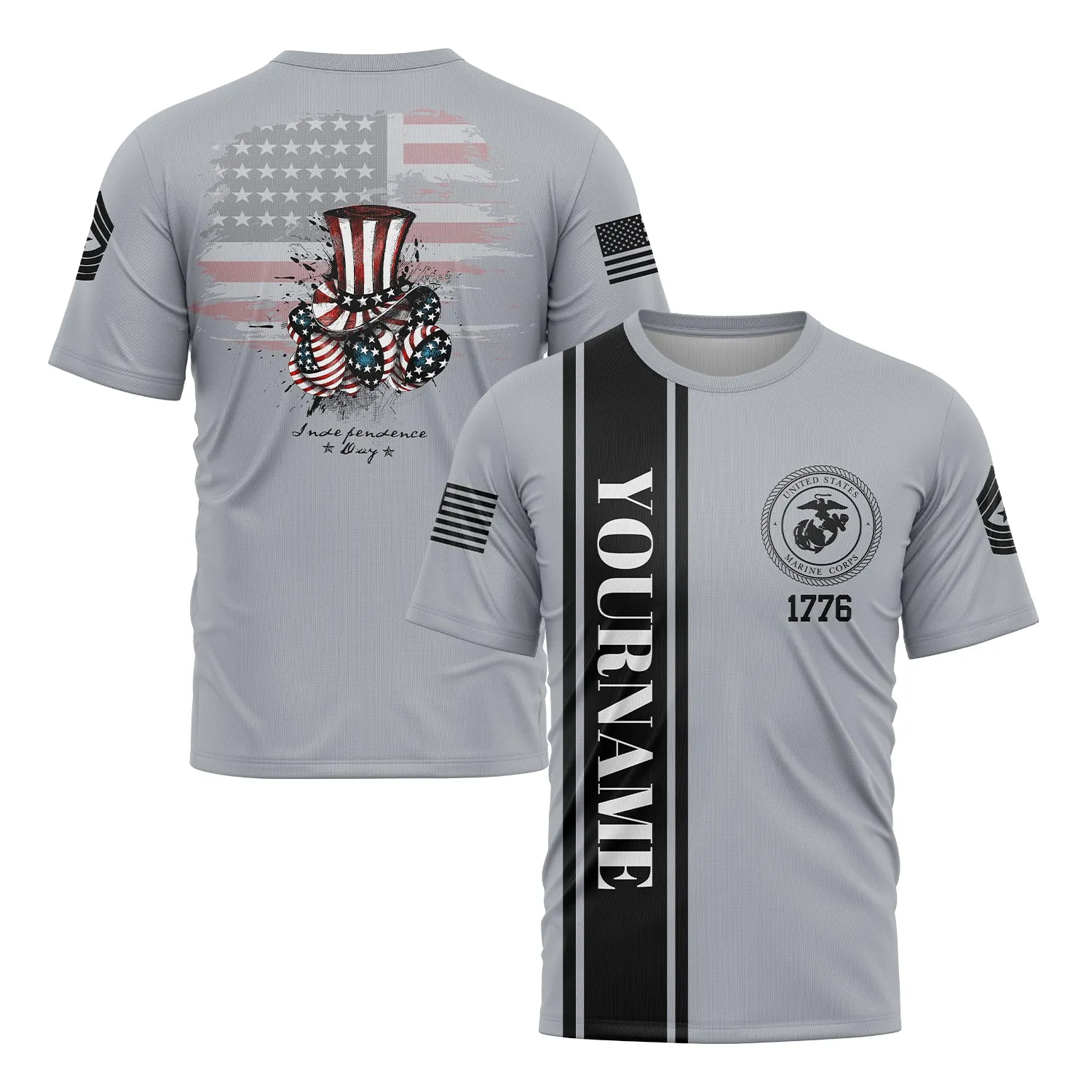 Custom Grey Magic Hat American Flag Military Rank Name Independence Day T-Shirt