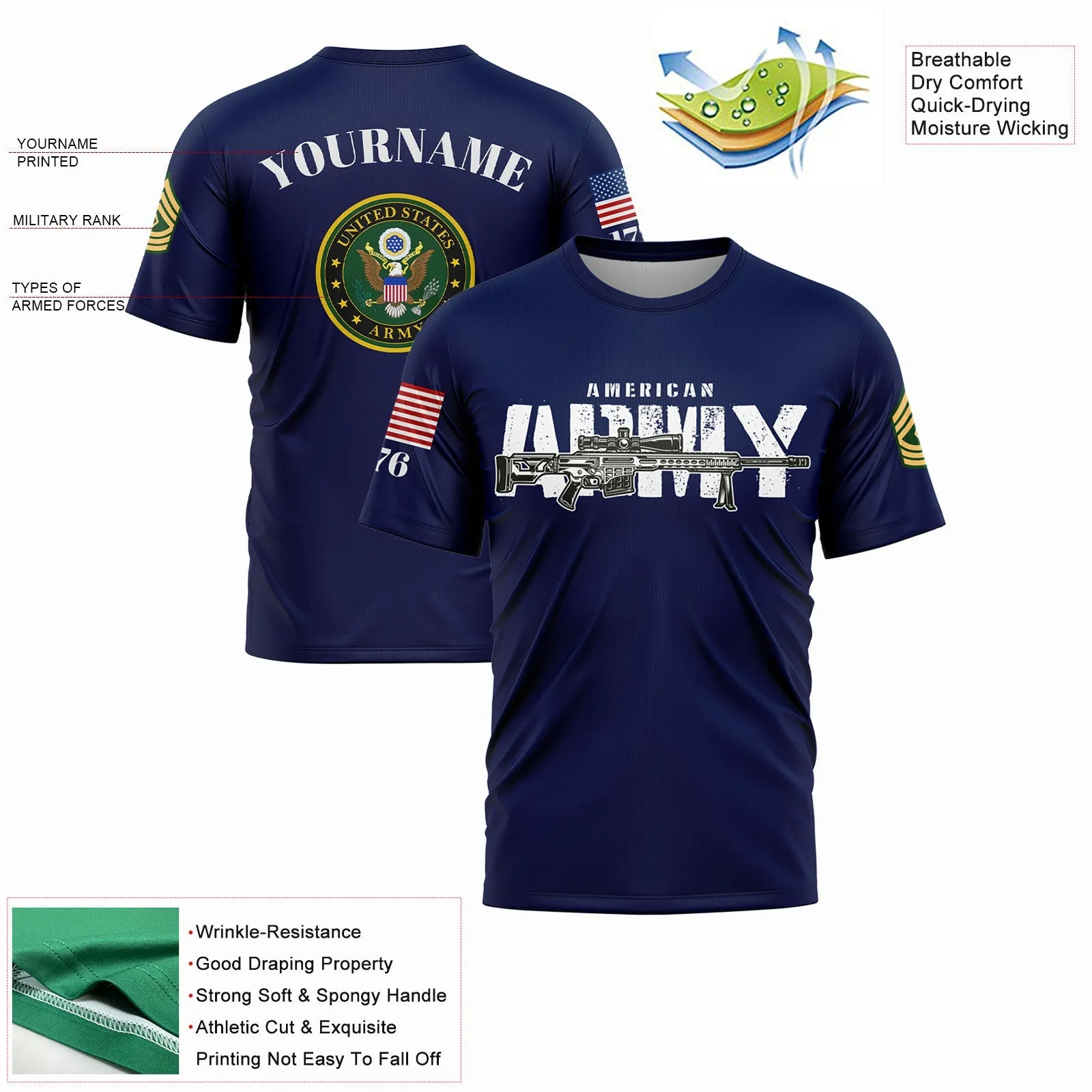 Custom Navy Barrett 1776 American Flag U.S Army Military Rank Name T-Shirt