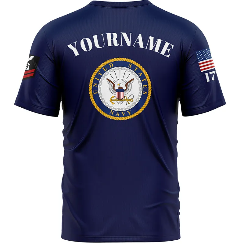 Custom Navy Veteran 1776 American Flag U.S Navy Military Rank Name T-Shirt