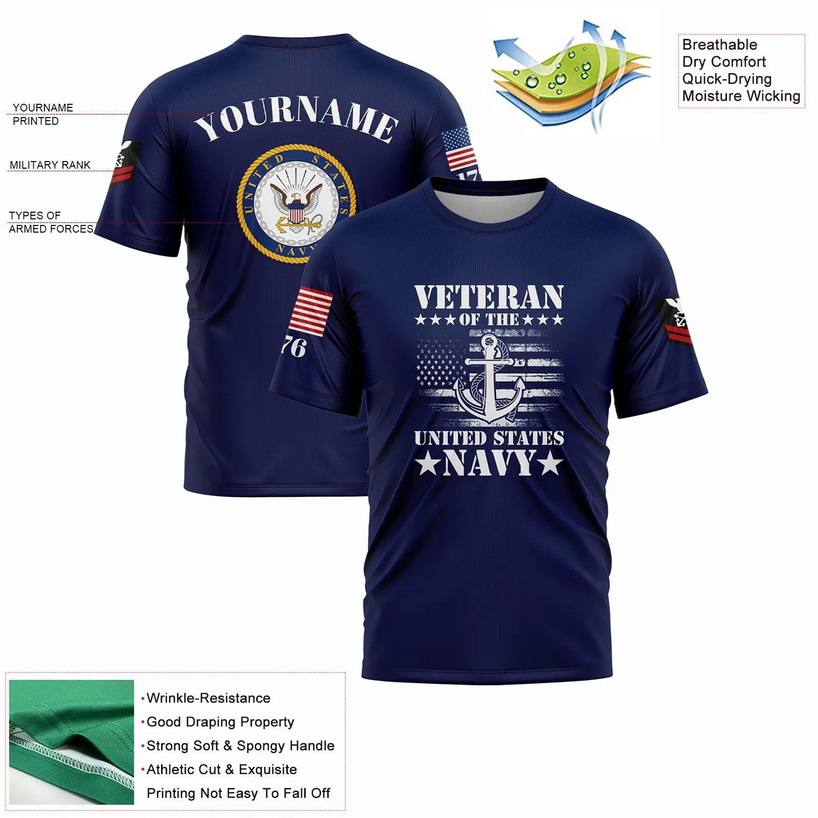 Custom Navy Veteran 1776 American Flag U.S Navy Military Rank Name T-Shirt
