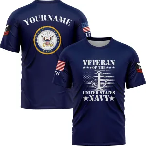 Custom Navy Veteran 1776 American Flag U.S Navy Military Rank Name T-Shirt