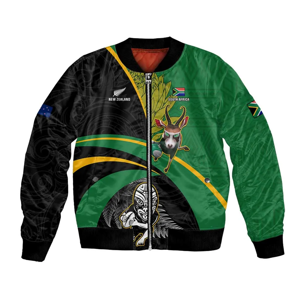 Custom New Zealand And South Africa Rugby Bomber Jacket 2023 Springboks Combine All Black Silver Fern LT05