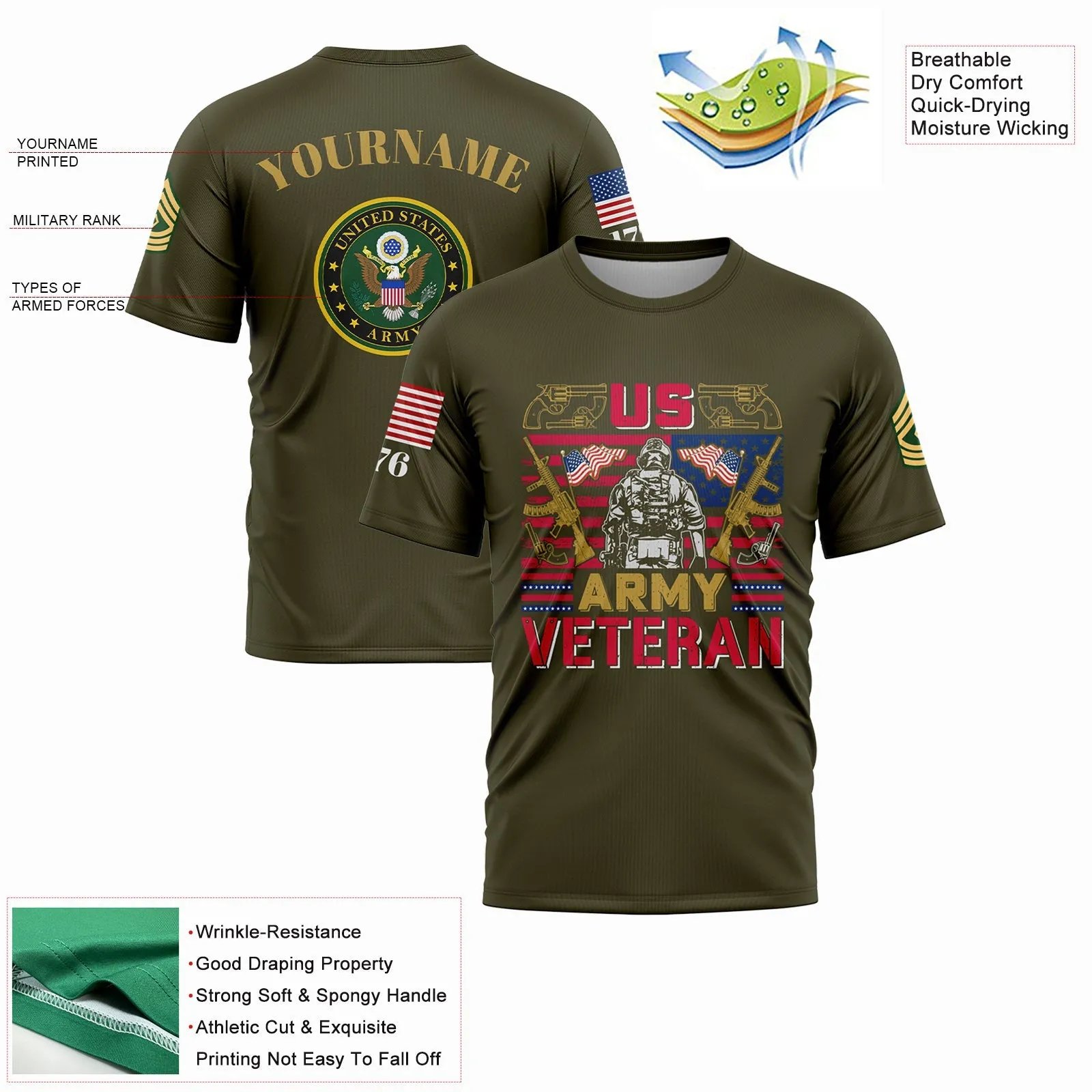 Custom Olive 1776 American Flag U.S Army Military Rank Name T-Shirt