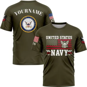 Custom Olive Est 1775 American Flag U.S Navy Military Rank Name T-Shirt