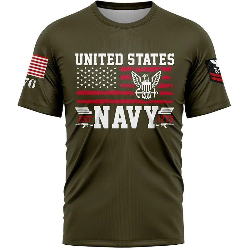 Custom Olive Est 1775 American Flag U.S Navy Military Rank Name T-Shirt