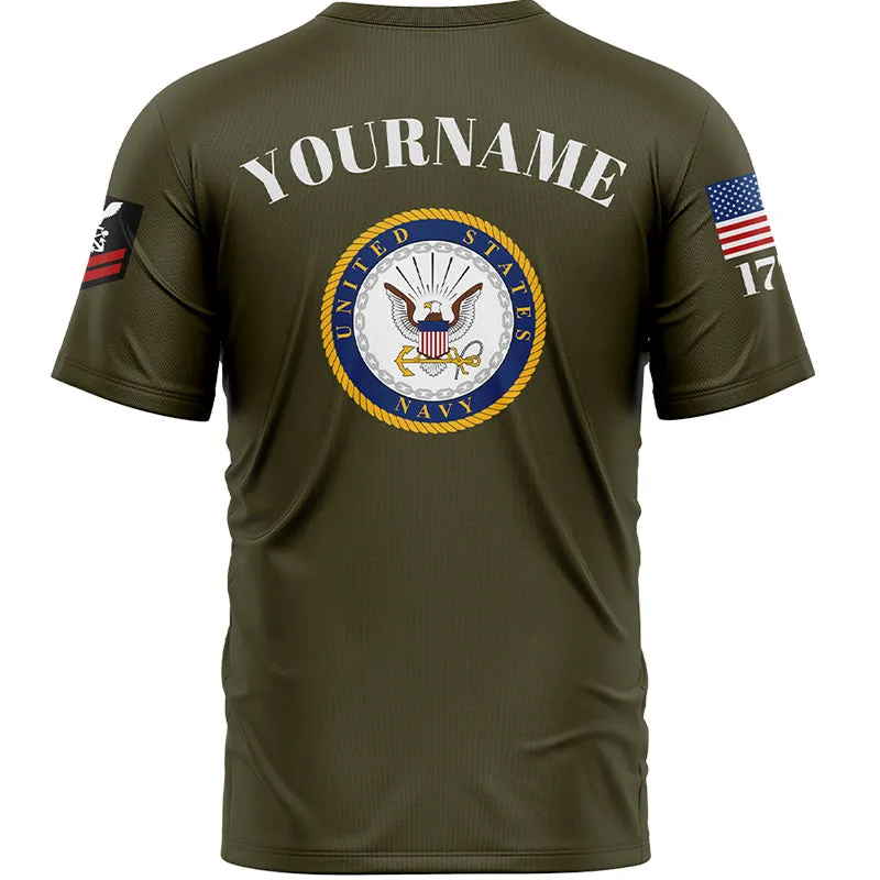 Custom Olive Est 1775 American Flag U.S Navy Military Rank Name T-Shirt