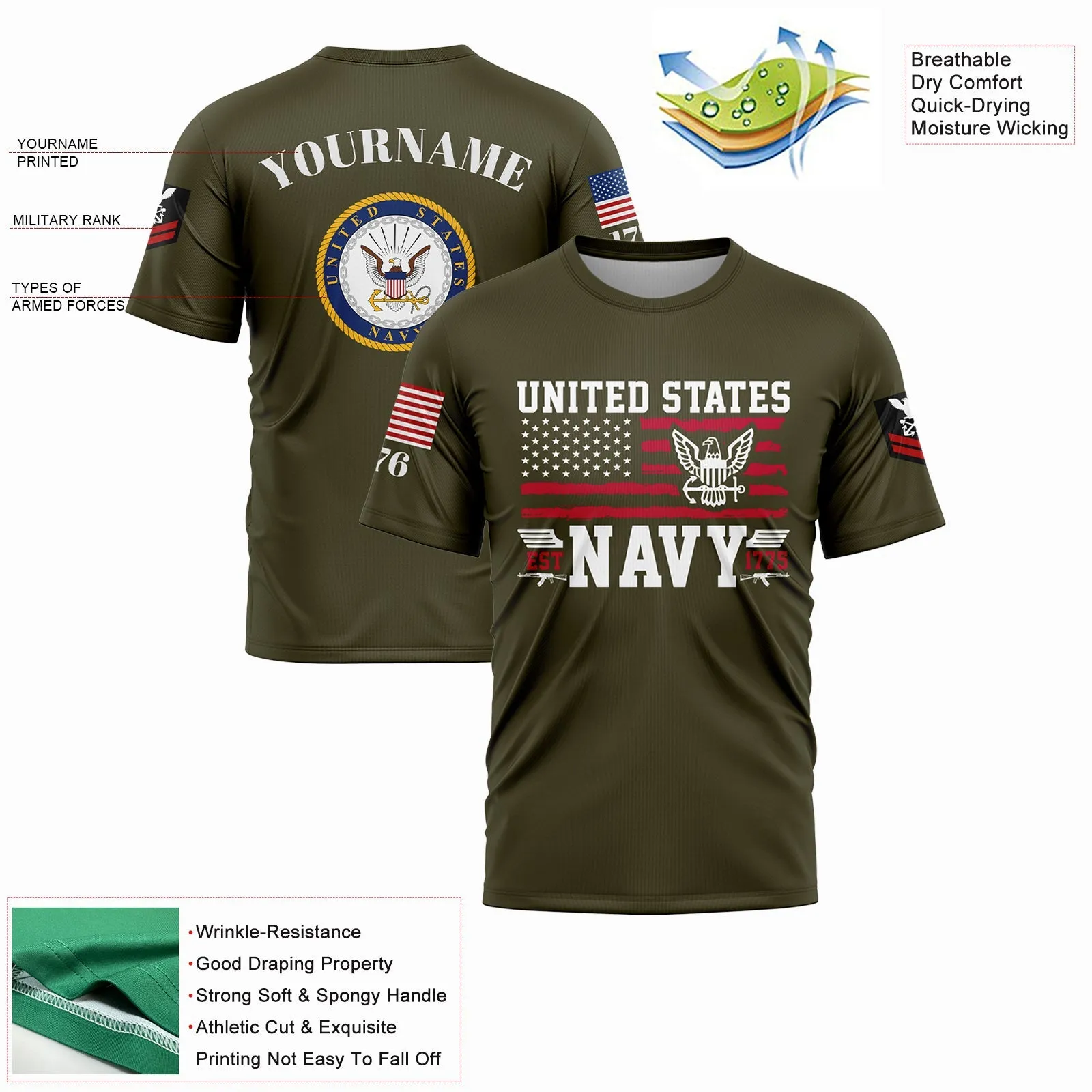 Custom Olive Est 1775 American Flag U.S Navy Military Rank Name T-Shirt