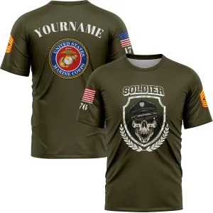Custom Olive Skull Soldier 1776 U.S Marine Corps Military Rank Name T-Shirt