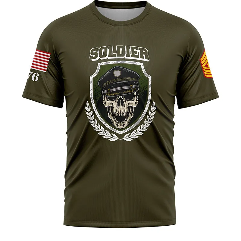 Custom Olive Skull Soldier 1776 U.S Marine Corps Military Rank Name T-Shirt