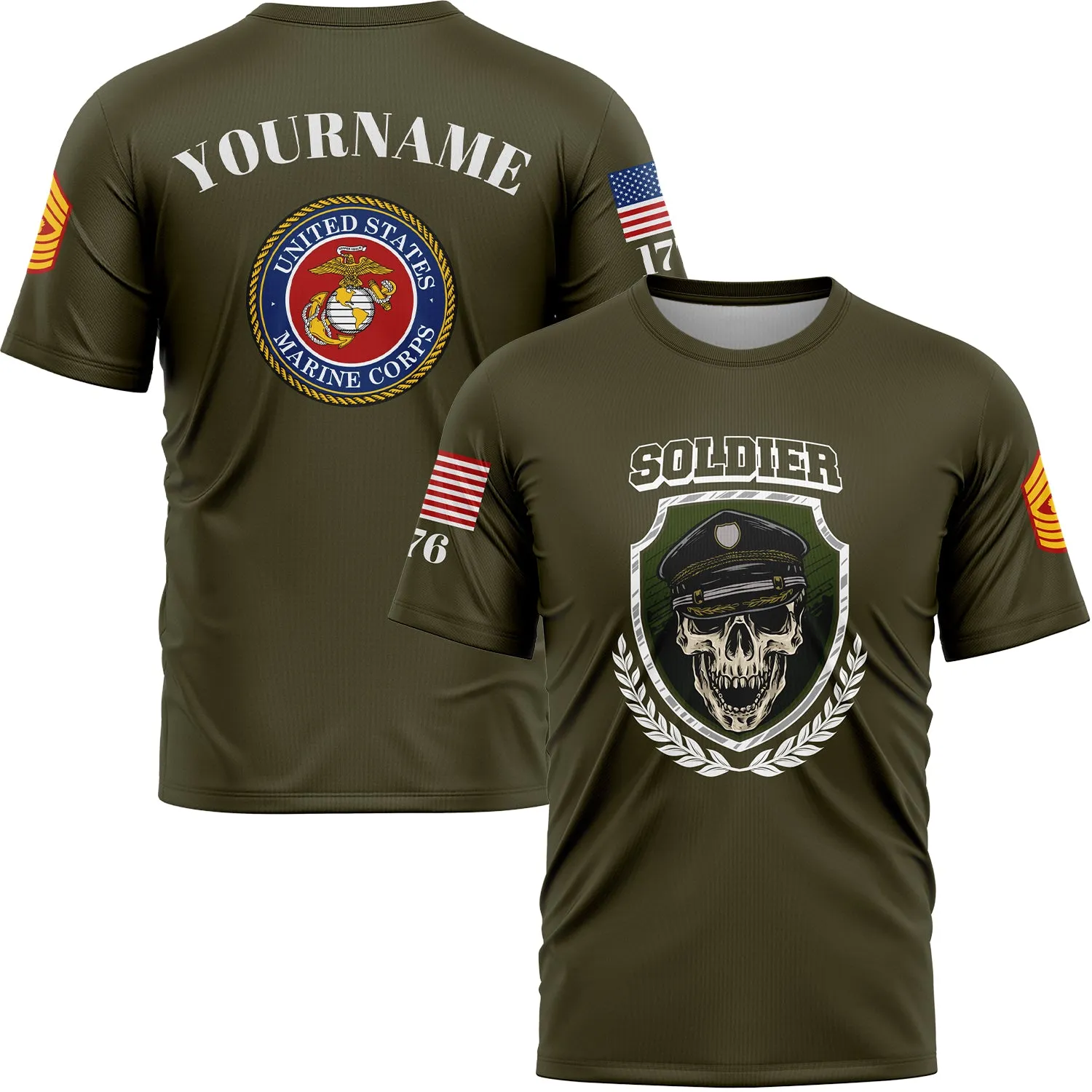 Custom Olive Skull Soldier 1776 U.S Marine Corps Military Rank Name T-Shirt