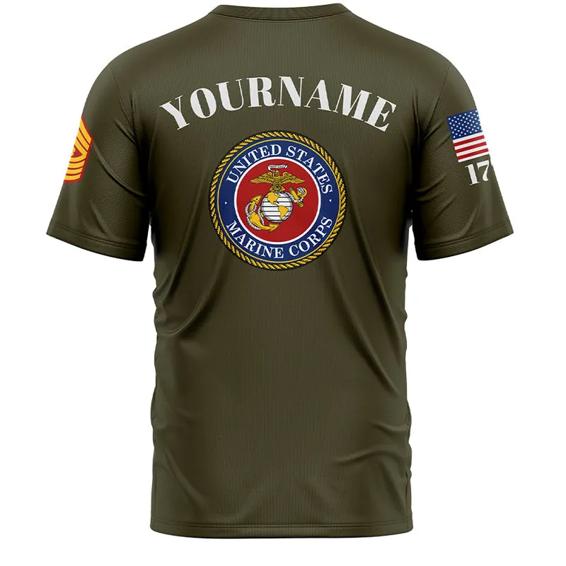 Custom Olive Skull Soldier 1776 U.S Marine Corps Military Rank Name T-Shirt