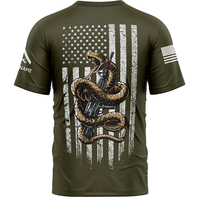 Custom Olive Snake American Flag Military Rank Veteran Name Memorial Day T-Shirt