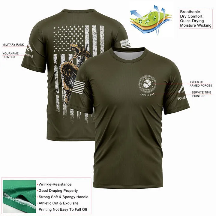 Custom Olive Snake American Flag Military Rank Veteran Name Memorial Day T-Shirt