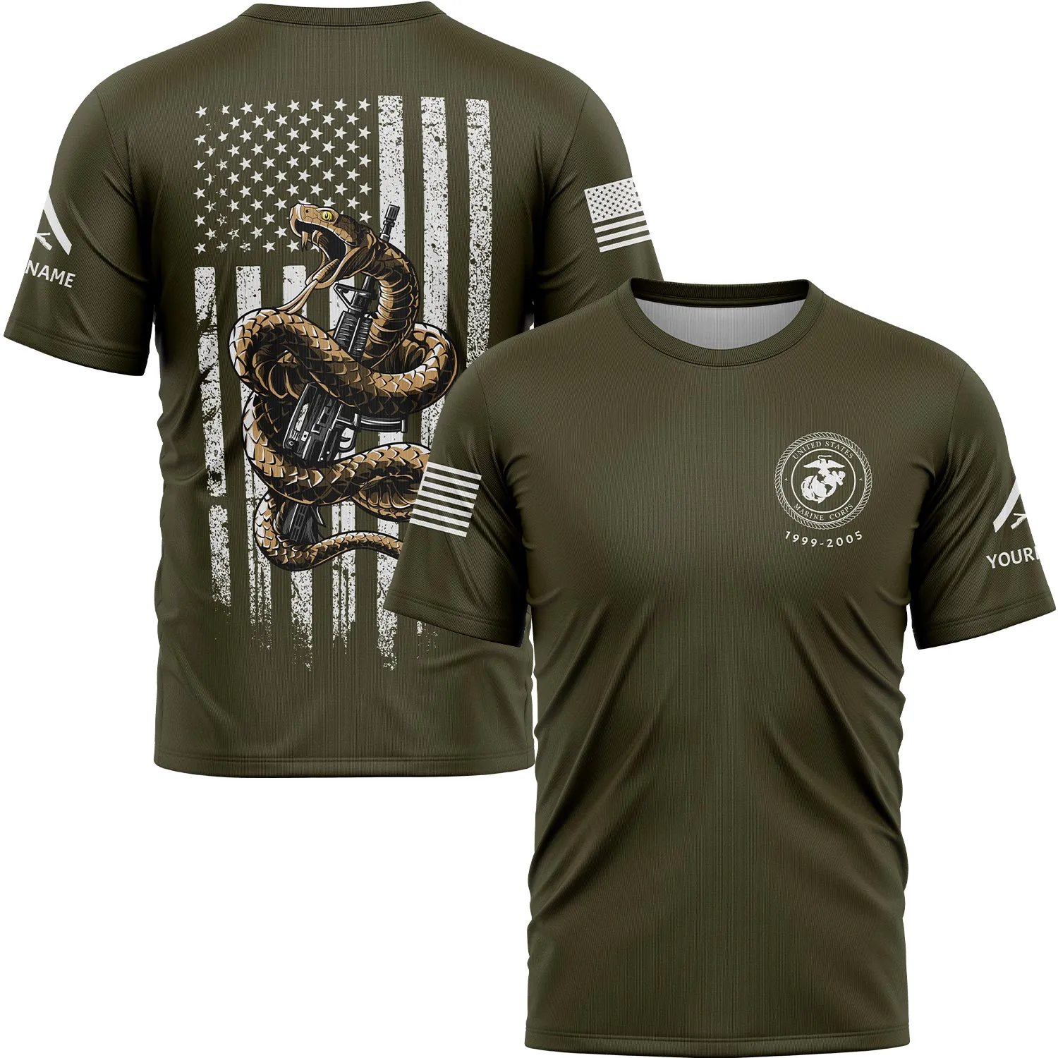 Custom Olive Snake American Flag Military Rank Veteran Name Memorial Day T-Shirt
