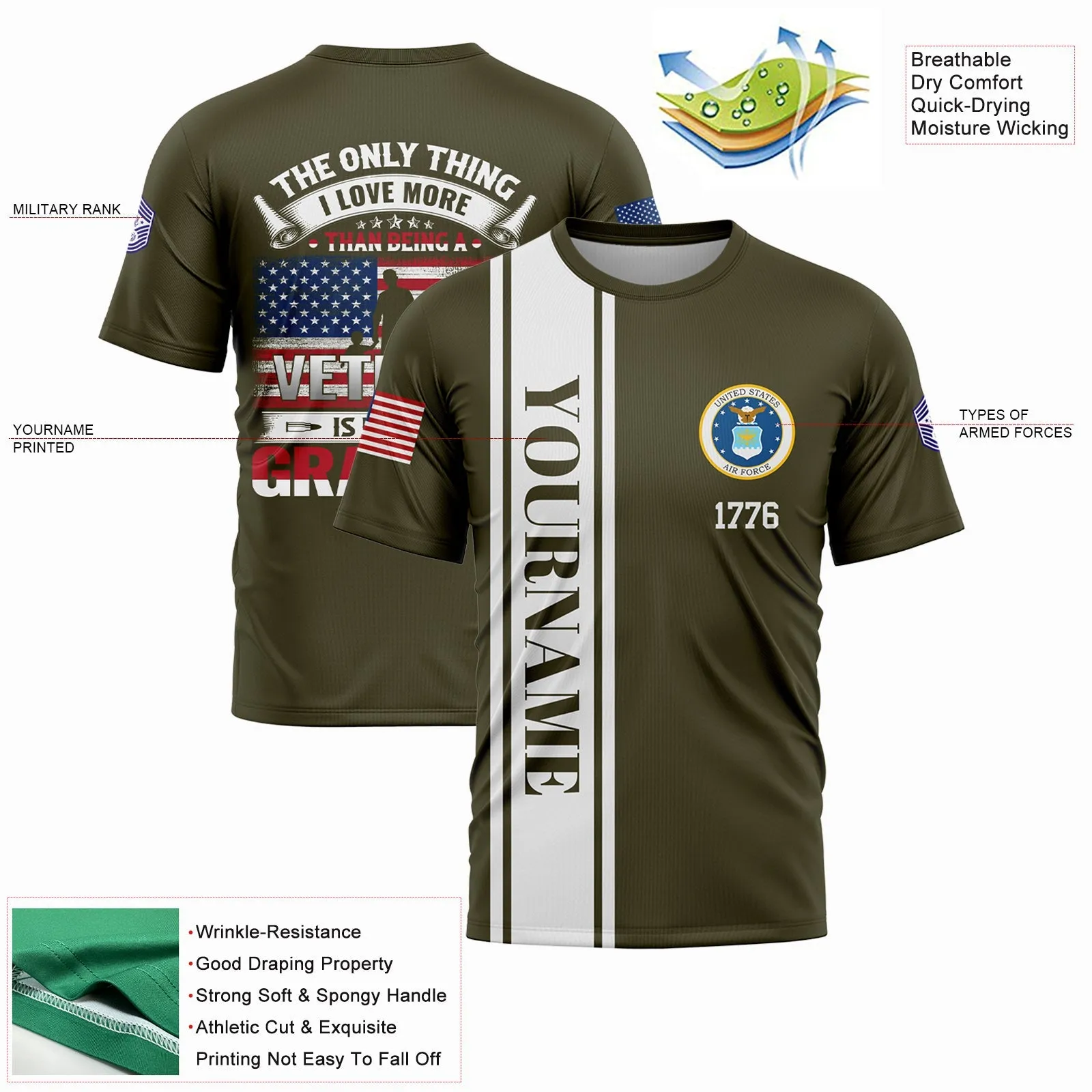 Custom Olive The Only Thing I Love More 1776 Flag U.S Air Force Military Rank Name Veterans Day T-Shirt | Father's Day Gifts