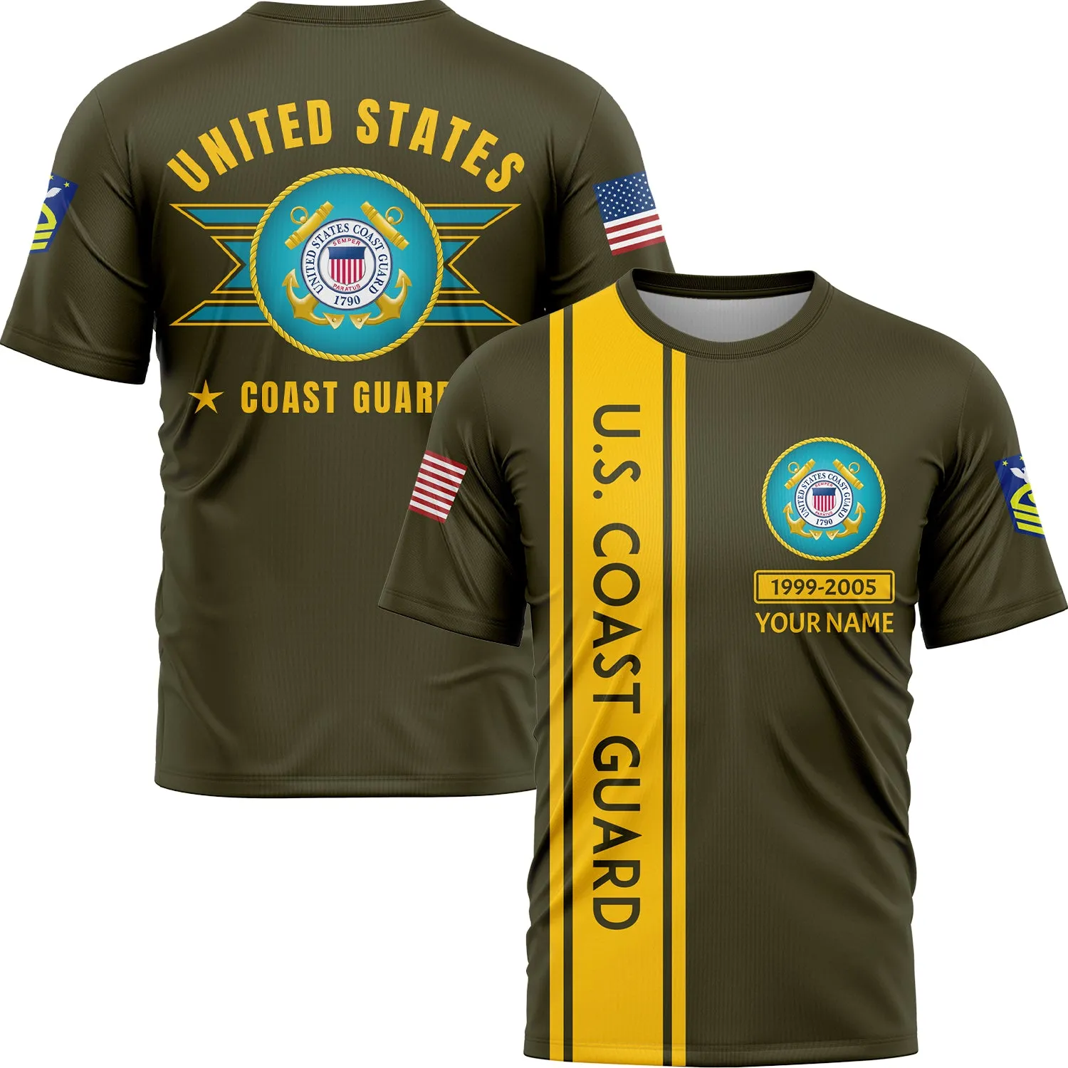 Custom Olive U.S Coast Guard Military Rank Name T-Shirt