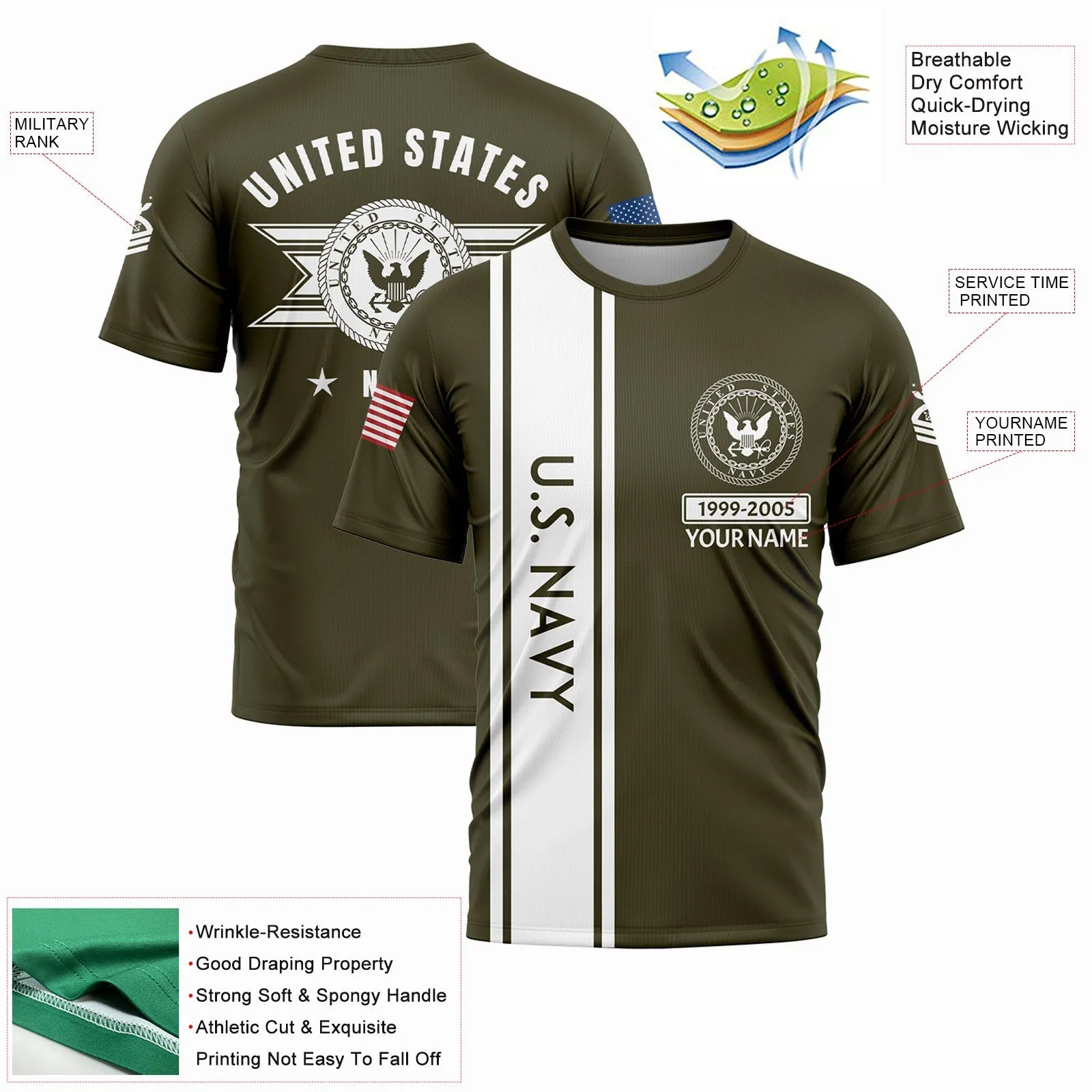 Custom Olive U.S Navy Military Rank Veteran Name T-Shirt