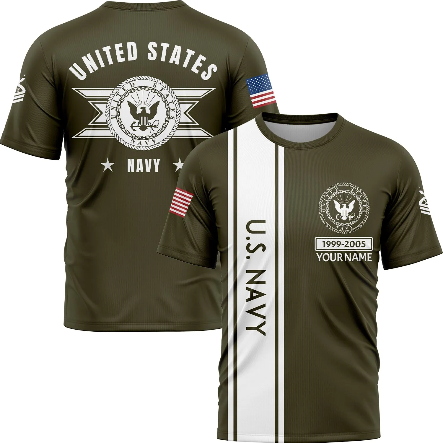 Custom Olive U.S Navy Military Rank Veteran Name T-Shirt