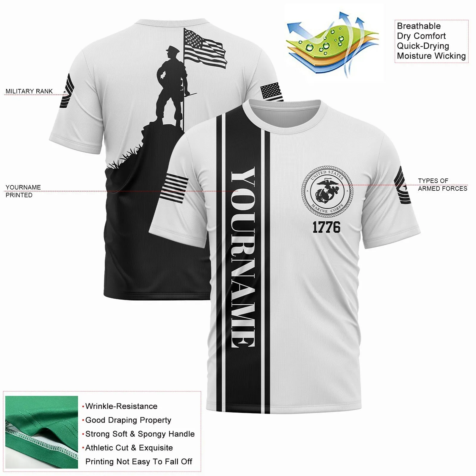 Custom White American Flag Military Rank Name Independence Day T-Shirt