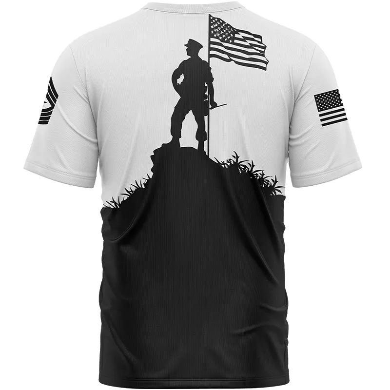 Custom White American Flag Military Rank Name Independence Day T-Shirt
