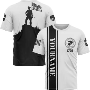 Custom White American Flag Military Rank Name Independence Day T-Shirt