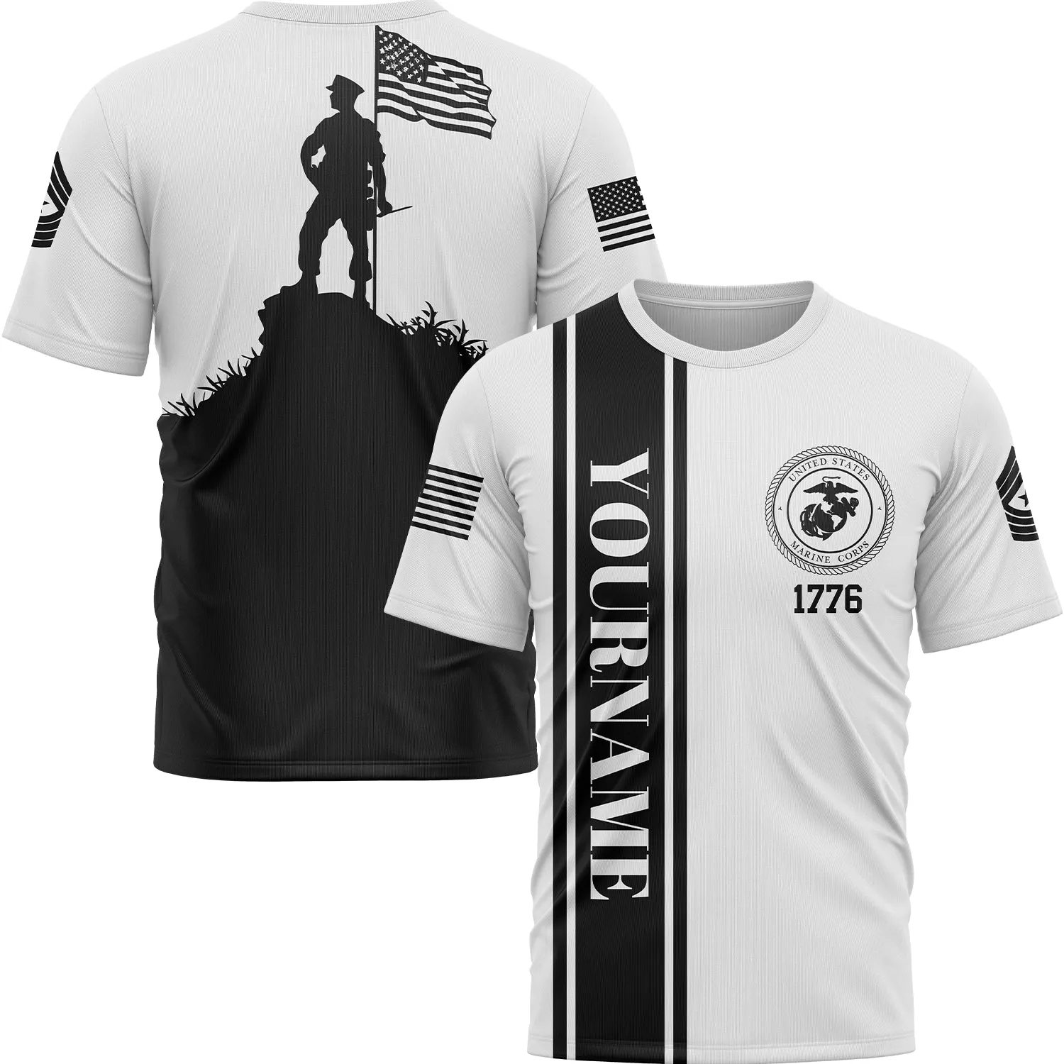 Custom White American Flag Military Rank Name Independence Day T-Shirt