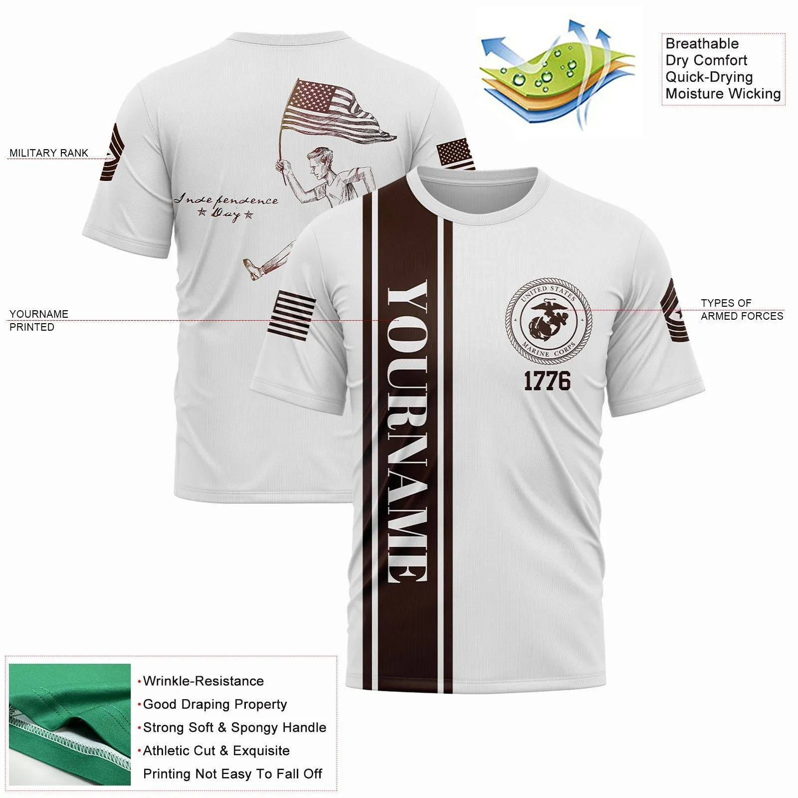 Custom White American Flag Military Rank Name Independence Day T-Shirt
