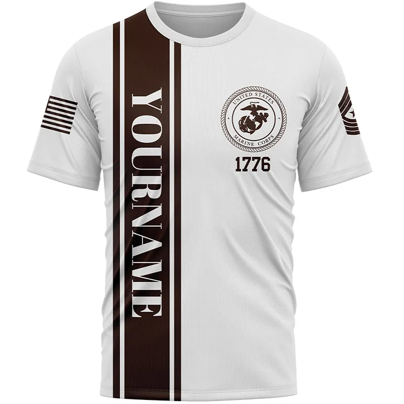 Custom White American Flag Military Rank Name Independence Day T-Shirt
