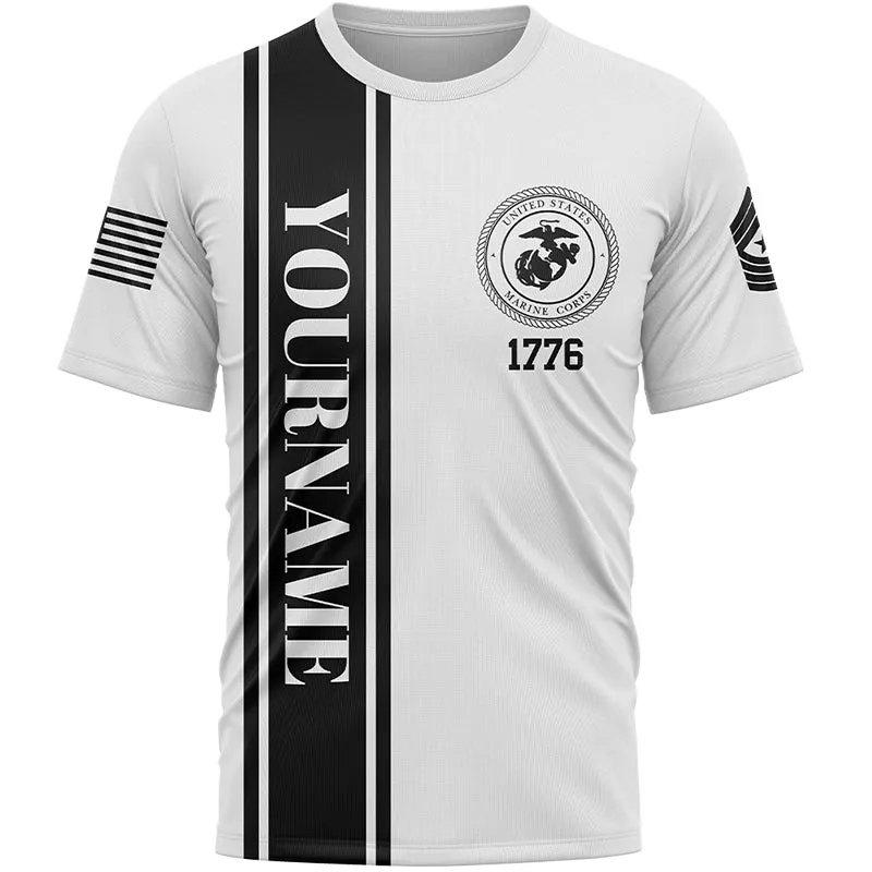 Custom White American Flag Military Rank Name Independence Day T-Shirt