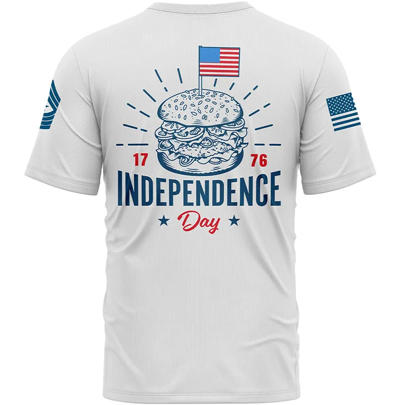 Custom White Hamburger American Flag Military Rank Name Independence Day T-Shirt