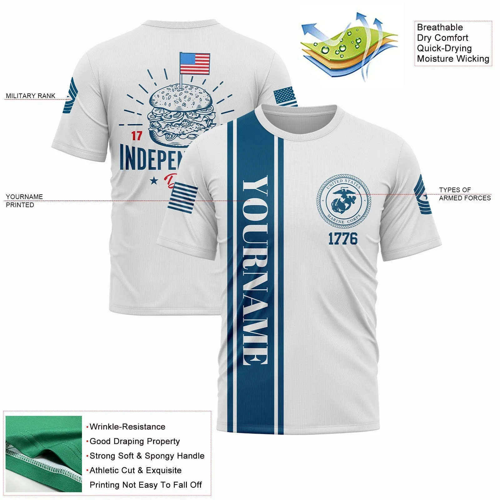 Custom White Hamburger American Flag Military Rank Name Independence Day T-Shirt