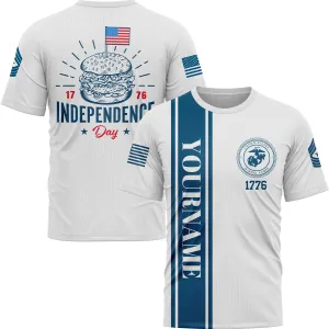 Custom White Hamburger American Flag Military Rank Name Independence Day T-Shirt