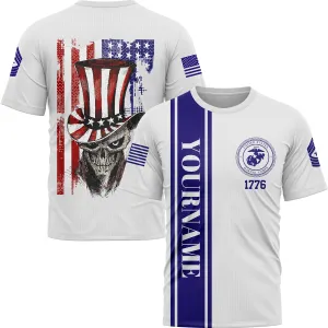 Custom White Magician Skull Military Rank Name Independence Day T-Shirt