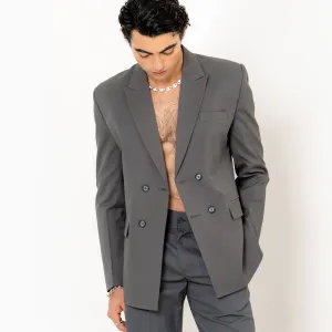 Dark Grey Double Button Loose Fit Blazer