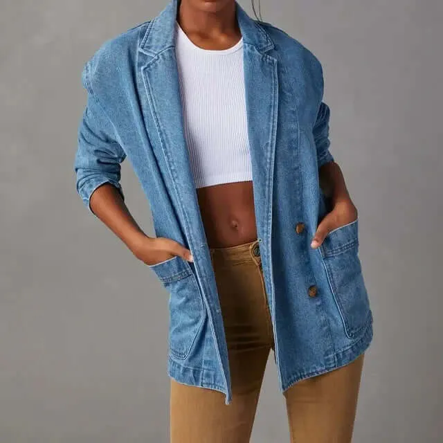 Denim blazer with button pockets and loose fit
