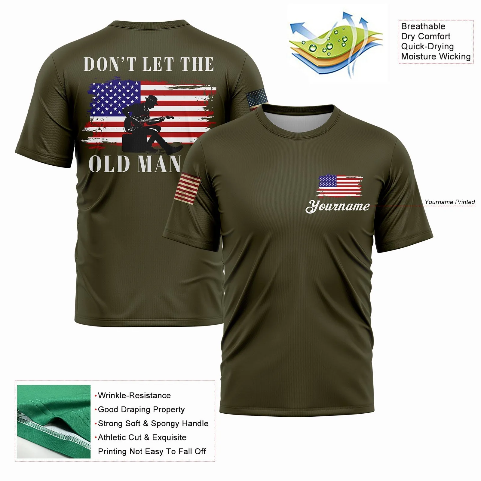 Don't Let The Old Man In Custom Olive American Patriot Name T-Shirt