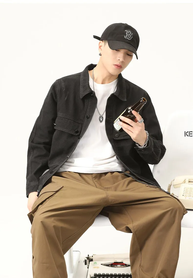 Double Stitched Solid Color Denim Trucker Jacket for Men with Cargo Style